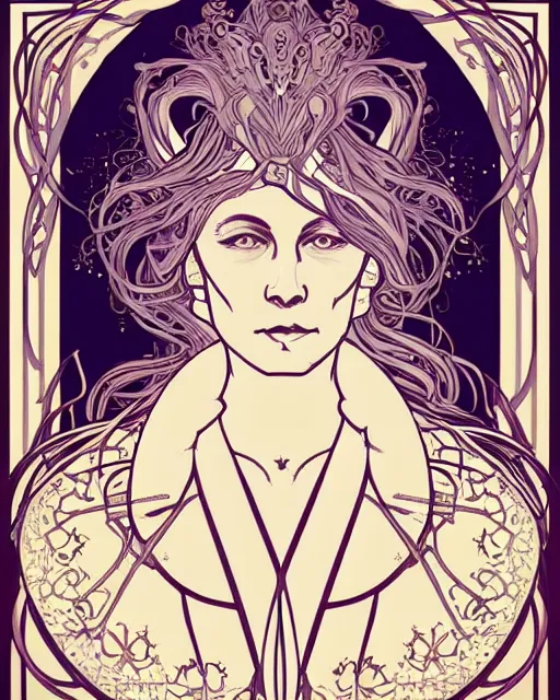 Prompt: a portrait of a galaxy as an androgynous druid speaking, occult, ornate, minimal, bust by alphonse mucha, decorative art nouveau border, astrophotography, vast cosmos, digital illustration, trending on artstation