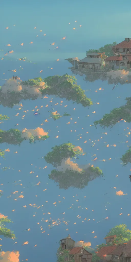 Prompt: a flock of fishes flying above a countryside village, melancholic, dusk, Studio ghibli, 4k