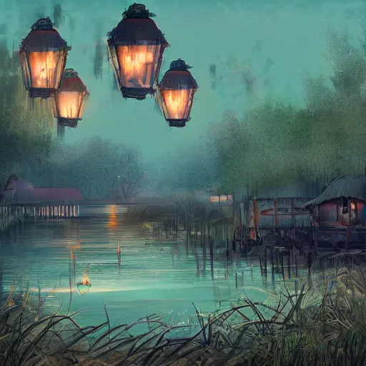 Image similar to digital art of small florida swamp fishing village on the side of the water, night time, dimly lit by lanterns, trending on artstation