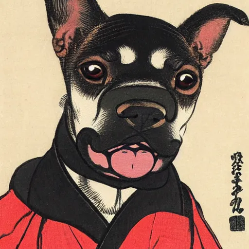 Prompt: a painting of a dog wearing a costume, a portrait by Koson Ohara, featured on pixiv, ukiyo-e, ukiyo-e, woodcut, chiaroscuro