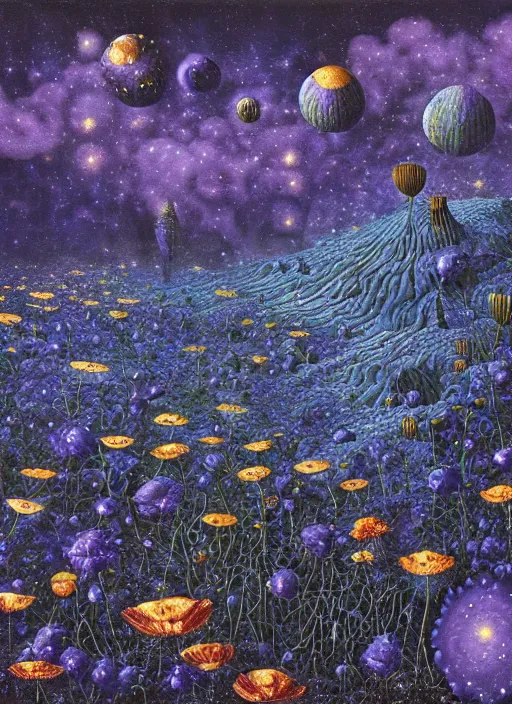 Image similar to detailed, intricate blue black and purple papaverum flower on the field, nebula, galaxy in the sky, winning award masterpiece, fantastically beautiful, illustration, aestheticly inspired, jacek yerka, upscale with anguissola sofonisba work, artstation, 8 k