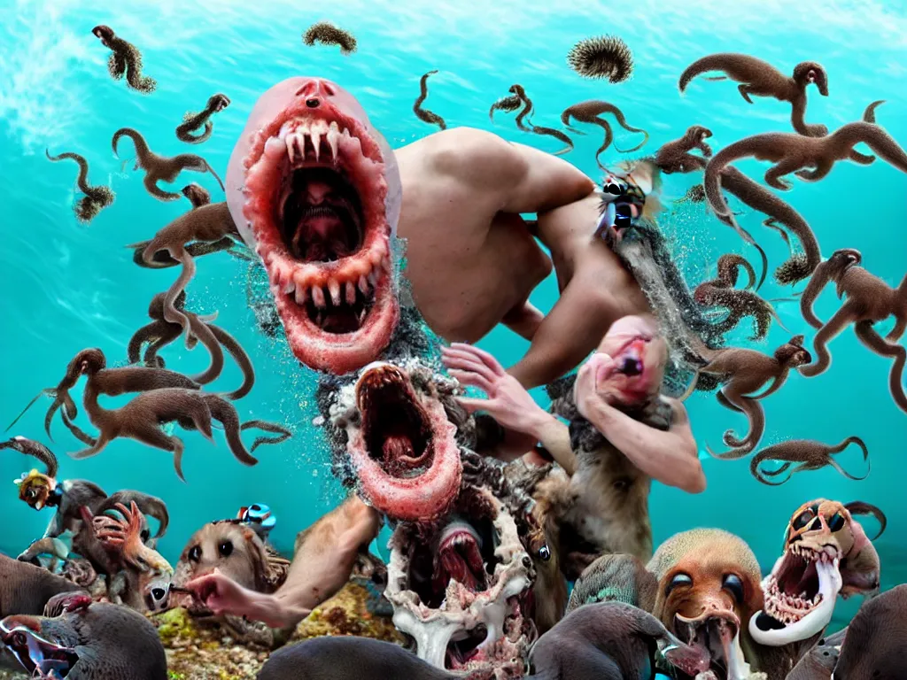 Prompt: a photograph of a screaming man in the ocean swarmed by squids, dogs, baboons, and squirrels, the man's mouth is stuffed with bones and the water foams all over the gaff