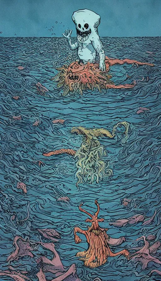 Image similar to man on boat crossing a body of water in hell with creatures in the water, sea of souls, by alex pardee