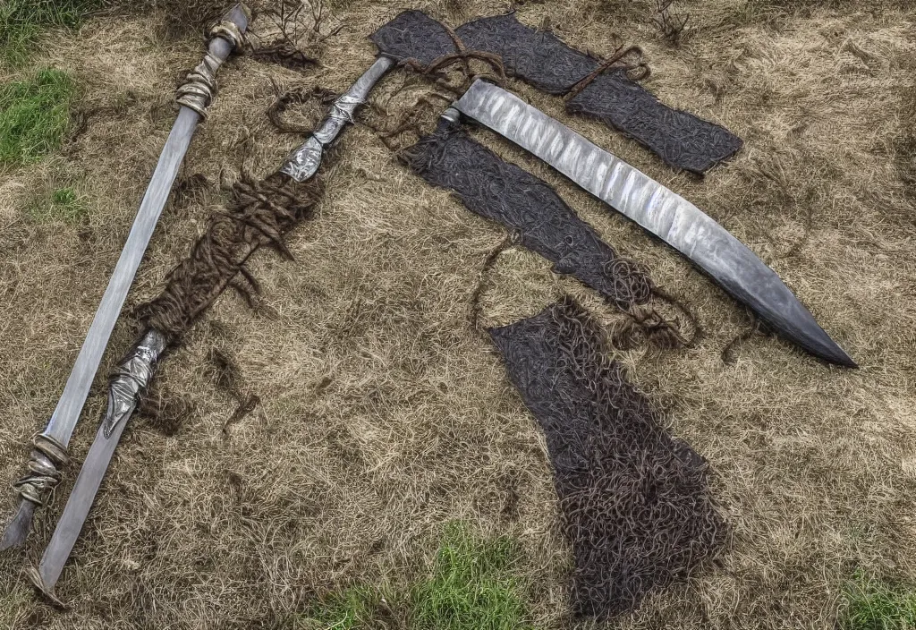 Prompt: viking broadsword stuck in the ground, 4k ultra hd, fantasy dark art