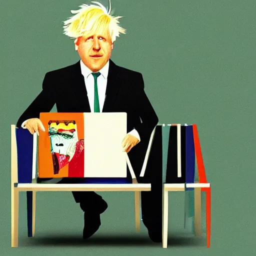 Image similar to Illustration of Boris Johnson, sat in a lounge on his own, wearing a birthday party hat and crying by Roger Dean