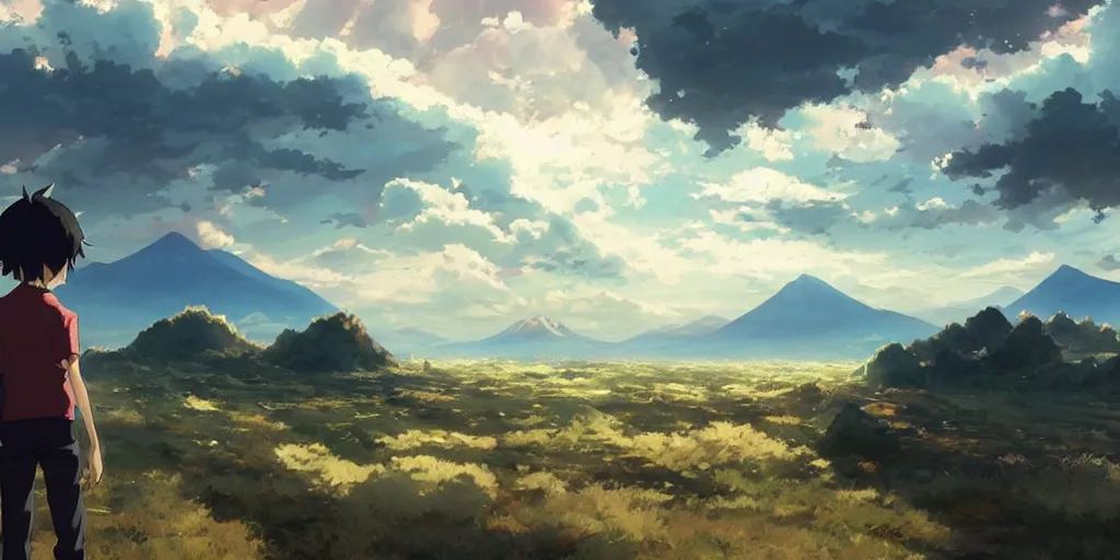 anime character watching an apocalyptic landscape with | Stable Diffusion