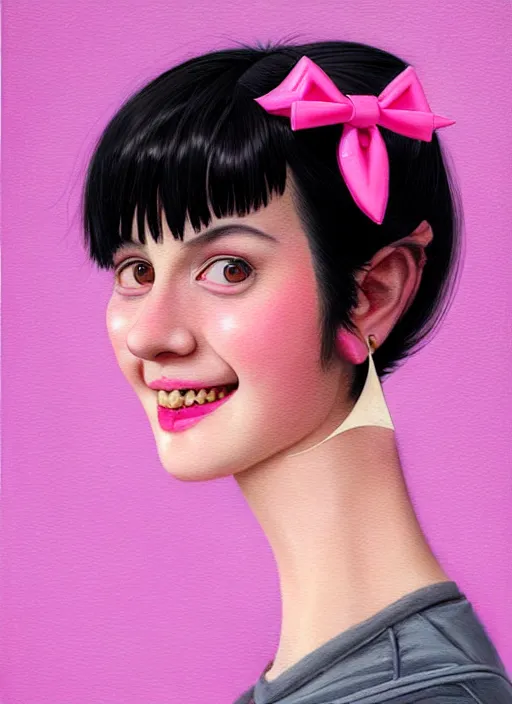 Image similar to portrait of high school girl, realistic, black hair, bangs, half updo hairstyle, pointy nose, skinny, smile, ugly, defined jawline, big chin, pink hair bow, earrings, intricate, elegant, glowing lights, highly detailed, digital painting, artstation, sharp focus, illustration, art by wlop, mars ravelo and greg rutkowski