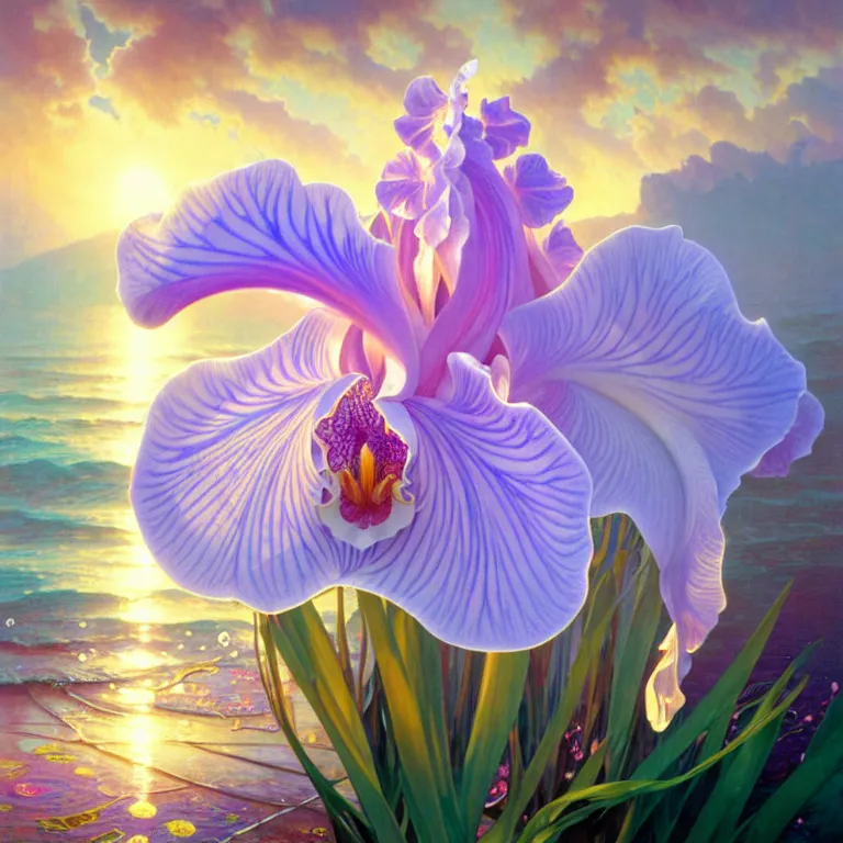 Image similar to detailed giant white holographic orchid iris hybrid flower surrounded by waves, lsd water, lsd ripples, droplets, backlit, sunset, refracted lighting, art by collier, albert aublet, krenz cushart, artem demura, alphonse mucha