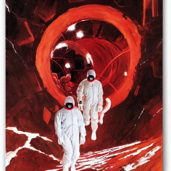 Prompt: two scientists wearing red and white hazmat suits entering bright geometric crystal portal by frank frazetta