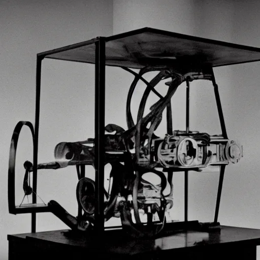 Image similar to filmstill of Marcel Duchamp working on a futuristic machine, long exposure, archival pigment print