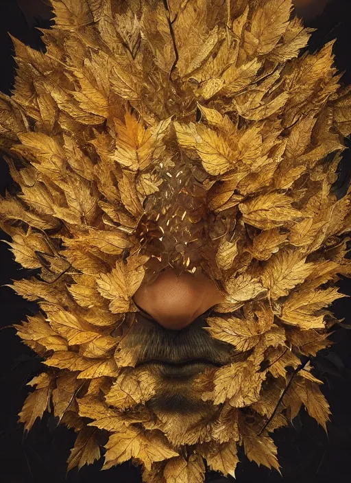 Image similar to golden leaves at frame border, creative!!! composition for a book cover, absurdly beautiful, ultrafine hyperrealistic detailed animal face by wlop and artgerm and greg rutkowski, intricate linework, sharp focus, smooth, octopath traveler, final fantasy, unreal engine, dramatic lighting, ethereal, 8 k