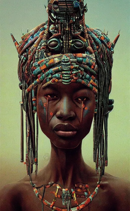 Image similar to portrait of african tribal chief wearing futuristic technology, insibidi symbols, symmetrical, dramatic lighting, art by zdzislaw beksinski,