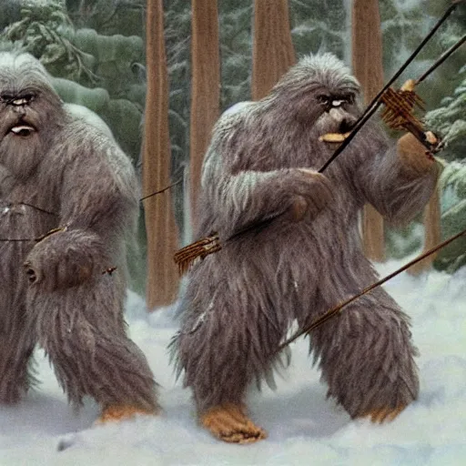 Image similar to a high detailed realistic photo of a yeti and sasquatch archers