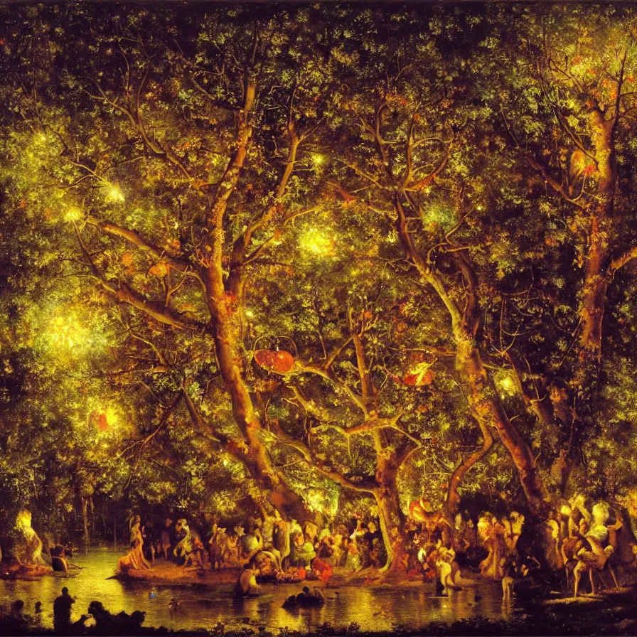 Image similar to a night carnival around a magical tree cavity, with a surreal orange moonlight and fireworks in the background, next to a lake with iridiscent water, christmas lights, folklore animals and people disguised as fantastic creatures in a magical forest by summer night, masterpiece painted by gustave courbet, mark keathley, dark night environment