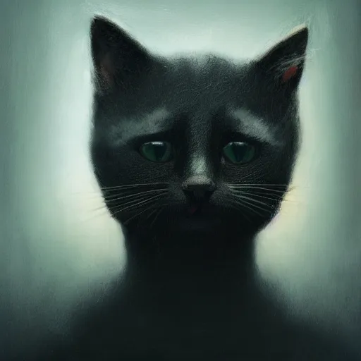 Image similar to a portrait of a kitten wearing a black hood, cloak covering face, anatomically correct, beautiful perfect face, enigmatic, oil painting, matte, black background, Volumetric dynamic lighting, Highly Detailed, Cinematic Lighting, Unreal Engine, 8k, HD, by Beksinski