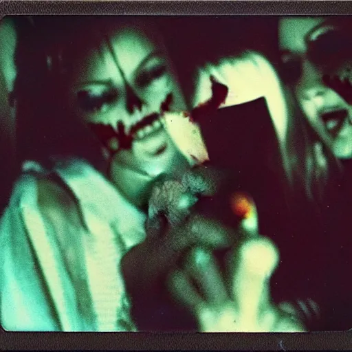 Image similar to a dark film still of demonic activity, big budget horror, a polaroid photo, bleeding decaying colors!