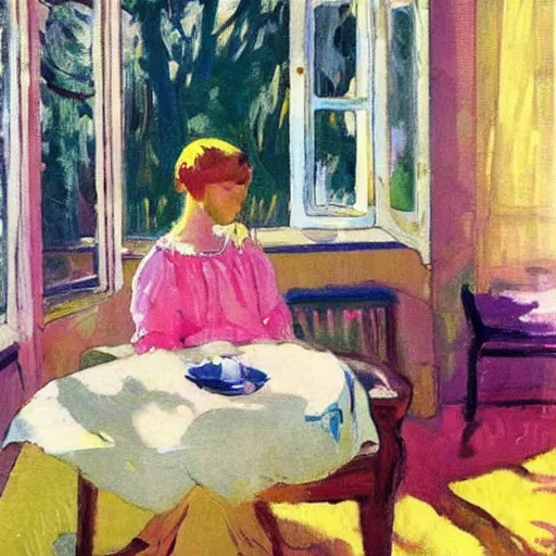 Prompt: a girl in a pink dress with folded hands with peaches and iphones sits at a table in a sunny room and looks at the camera, the window is open, there is a yellow forest outside the window, by valentin serov