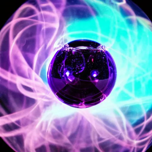 Prompt: a purple crystal ball with magical neon smoke swirling inside of it, award winning photography, cinematic