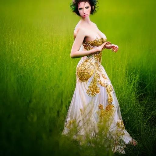 Image similar to photo of an extremely beautiful woman in ornate gown in an endless ethereal meadow, 4 k, hdr, smooth, sharp, focus, hyper realistic, high resolution, award - winning photo, bokeh, graflex camera, super resolution