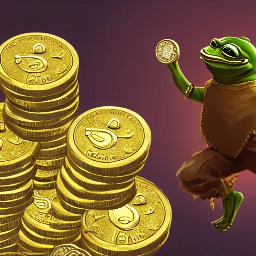 Image similar to super rich happy pepe, coins, gold, crystals, greg rutkowski