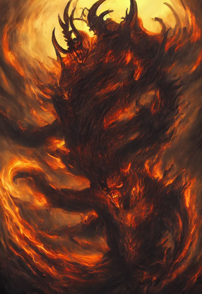 Image similar to fiery god as a demon in a fiery hell, eerie, dark, magical, fantasy, trending on artstation, digital art.