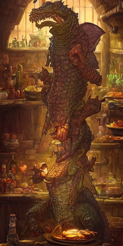 Prompt: a reptilian kobold chef in a tavern kitchen, Full body shot, D&D, fantasy, intricate, highly detailed, digital painting, artstation, concept art, matte, sharp focus, illustration, hearthstone, art by Artgerm and Greg Rutkowski and Alphonse Mucha