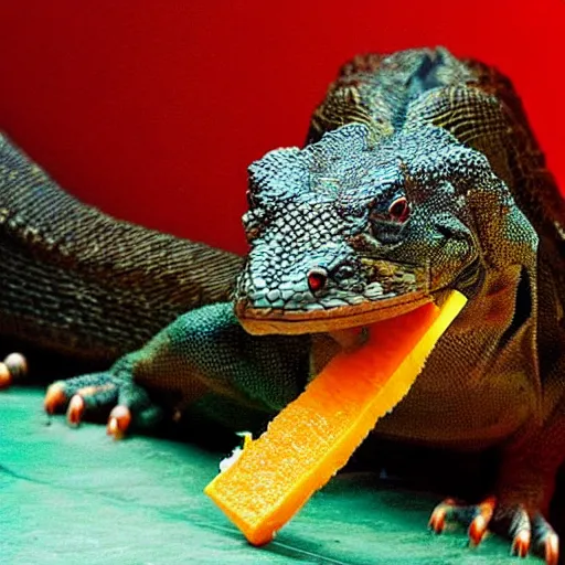 Prompt: “ a muscular komodo dragon, eating orange popsicle, in the style of baz luhrmann, romeo and juliet, hyper realistic, cinematic. ”