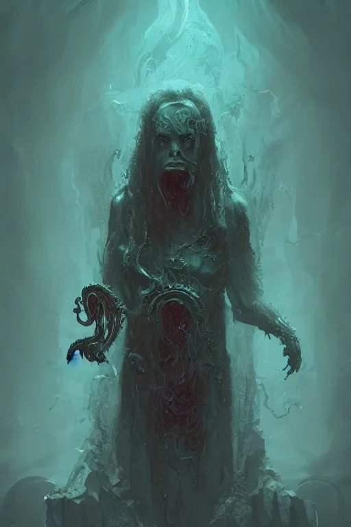 Image similar to demonic lovecraftian cult leader, watery grave, digital art, in the style of greg rutkowski, trending on artstation