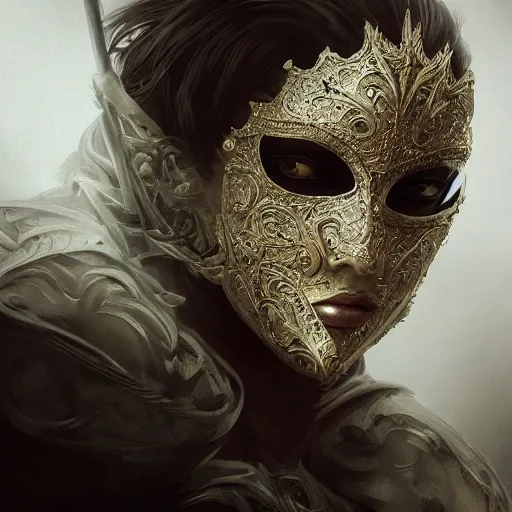 Image similar to Very very very very highly detailed epic photo of face with venetian mask, intricate, dystopian, sci-fi, extremely detailed, digital painting, artstation, concept art, smooth, sharp focus, illustration, intimidating lighting, incredible art by Artgerm and Anton Pieck