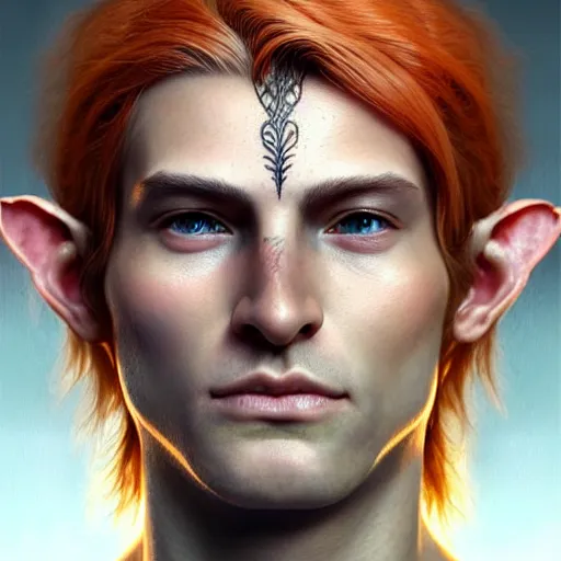 Image similar to portrait painting of a young elven man with a soft face and short light orange hair and tribal tattoos on his face wearing feather armor, ultra realistic, concept art, intricate details, eerie, highly detailed, photorealistic, octane render, 8 k, unreal engine. art by artgerm and greg rutkowski and charlie bowater and magali villeneuve and alphonse mucha