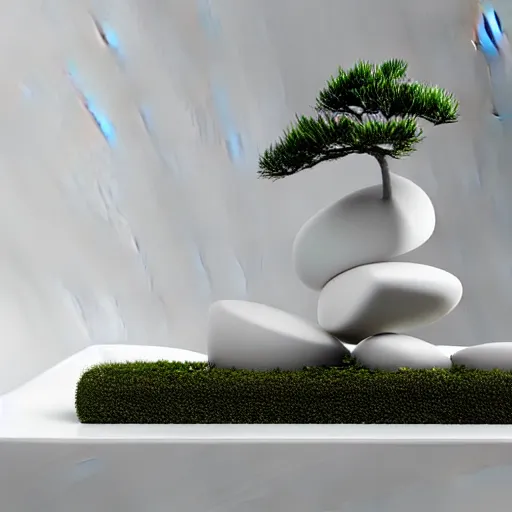 Image similar to white zen clean modern minimalist white room with small rock garden and bonsai tree by peter tarka in an ivory room well contoured smooth fair walls, up close shot, sharp focus, zen, clean, modern minimalist, zaha hadid octane highly render, 4 k, ultra hd,