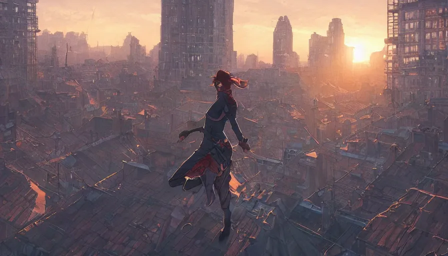 Image similar to jumping on roofs throught the city at late night sunset. trending on artstation, greg rutkowski, artgerm, cgsociety, alphonse mucha, digital art, highly detailed 4 k,