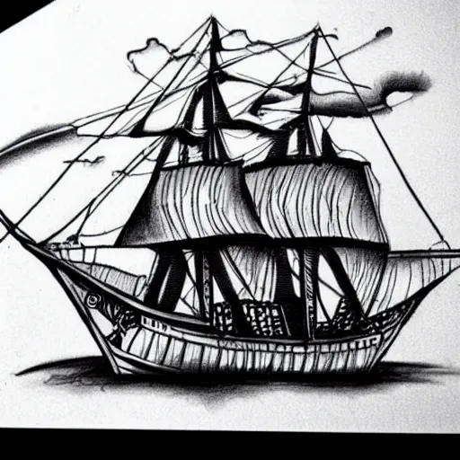 Image similar to realism tattoo design sketch of a pirate ship, by Da Ink