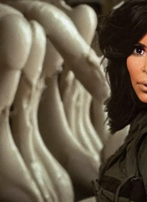 Image similar to movie still of kim kardashian wearing a alien face hugger mask, in the movie alien. cinematic shot.