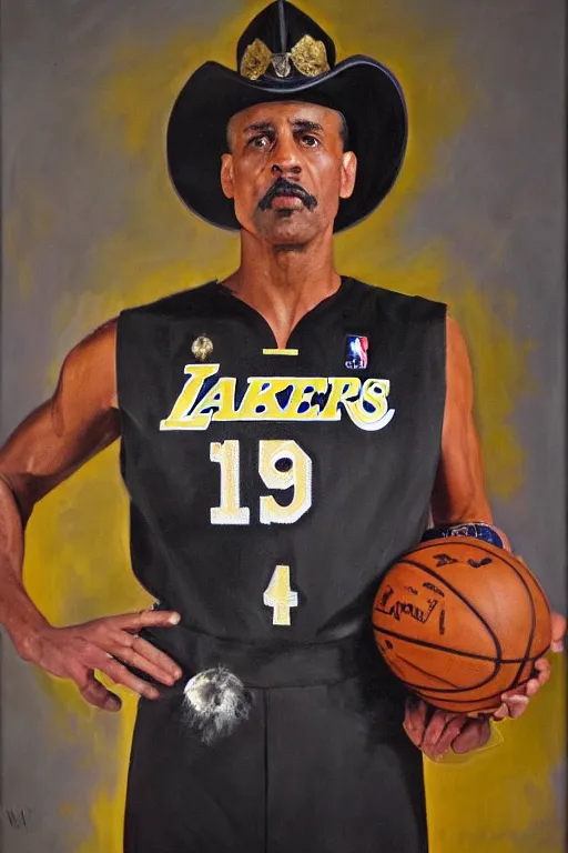 Image similar to full body portrait of the dictator of the los angeles lakers, 1 9 5 5, in full military garb, oil on canvas by william sidney mount, trending on artstation