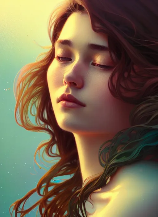 Image similar to handsome young women with shoulder length brown hair, half body shot, path traced, highly detailed, high quality, digital painting, alena aenami, lilia alvarado, shinji aramaki, karol bak, alphonse mucha, tom bagshaw