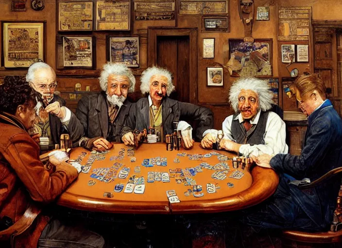 Image similar to albert einstein and isaac newton and stephen hawkins playing poker in an old west saloon, intricate, highly detailed, centered, digital painting, artstation, concept art, smooth, sharp focus, illustration, art by james gurney and norman rockwell and greg rutkowski