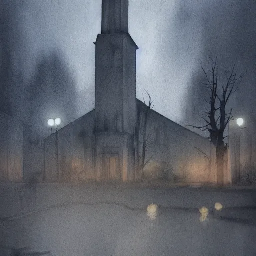 Prompt: realistic extremely detailed watercolor painting portrait of church, dusk, elegant, moody muted colors, Paul klee, octane render, 4k