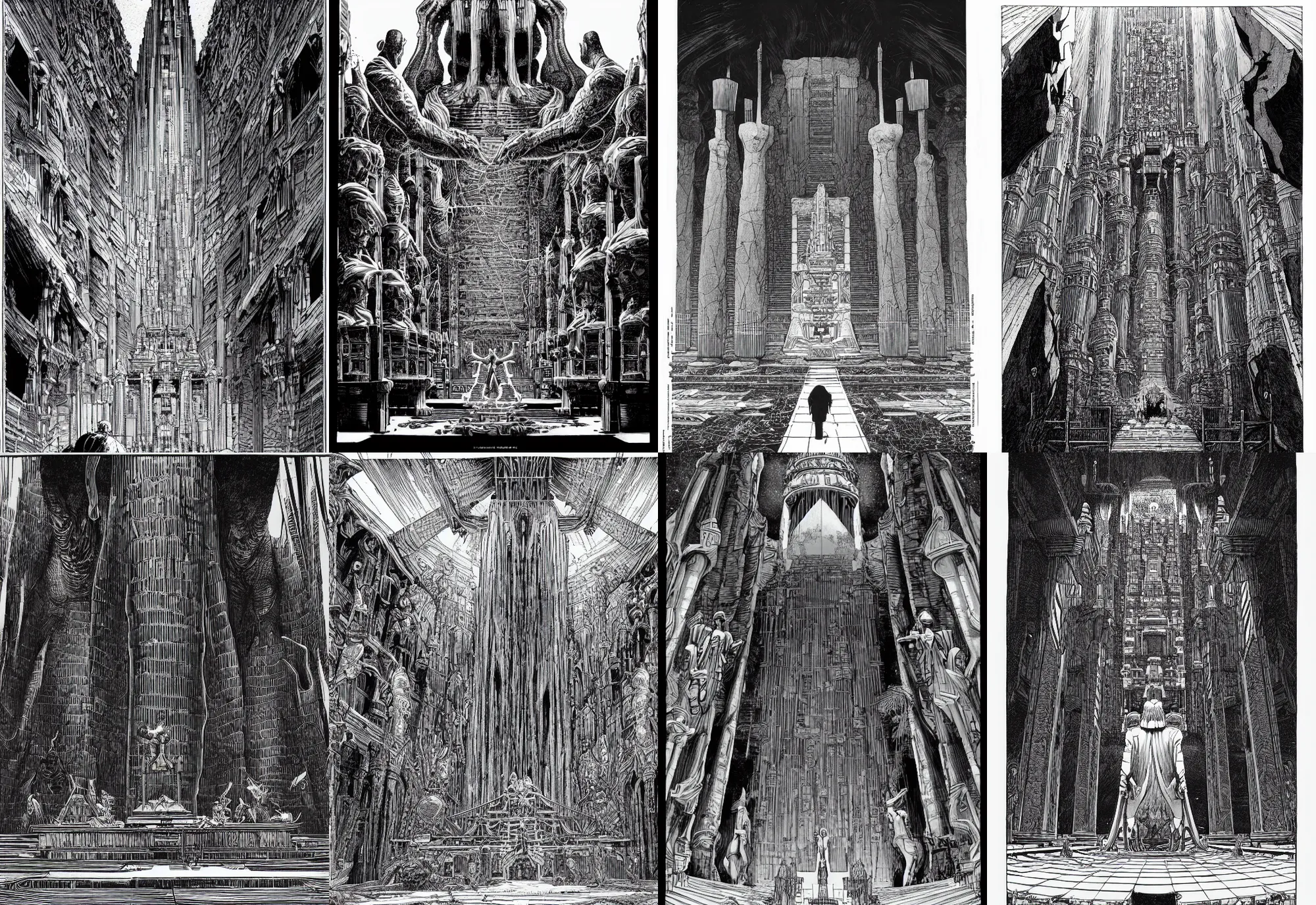 Prompt: a giant man looks at the altar of a temple, 2 meters, black and white illustration, by james jean and wayne barlowe and moebius