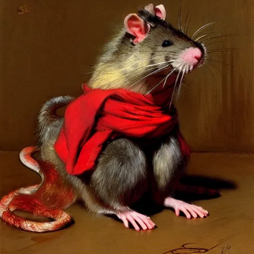 Prompt: a portrait of a furry rat wearing a red kimono, hairy, furry body, furry arms, feet, tail. highly detailed painting by gaston bussiere, craig mullins, j. c. leyendecker, furry