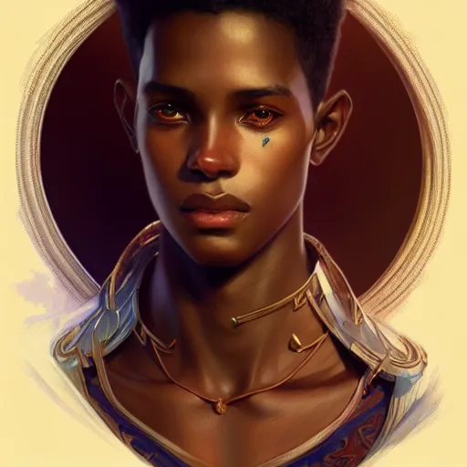 Image similar to illustration of a sudanese boy, d & d, fantasy, intricate, elegant, highly detailed, digital painting, artstation, concept art, smooth, sharp focus, illustration, art by artgerm and greg rutkowski and alphonse mucha