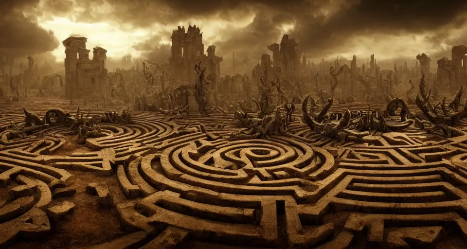 Image similar to circular bone labyrinth made out of gigantic monster bones, art deco medieval style, grimdark vibes, golden skeleton statue in center of labyrinth, abandoned vibes, gloomy moody clouds, god sun rays, complimentary color scheme, G liulian Art style, dynamic lighting, highly detailed, cinematic landscape, octane render, unreal engine