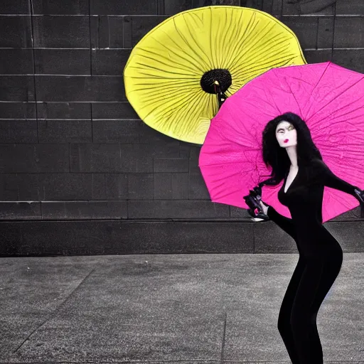 Image similar to morticia addams holding a parasol during a [ humid, rainy day ] as she saunters across the city, closeup!!!, photorealistic facial features, trending on artstation, 4 k photorealism, unsplash, shot by jimmy nelson