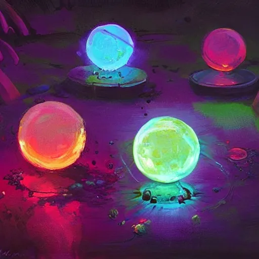 Image similar to glowing orbs of magical power, available edible only at the willy wonka store, bright colors, high bloom, artstation, by greg rutkowski, by ilya repin