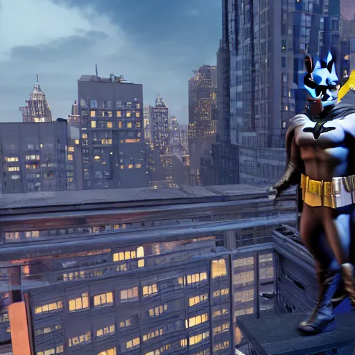 Prompt: Batman on a rooftop in NYC, at dawn, fighting off a blood thirsty group of Teletubbies. 4K, ultra HD, Rendered in Unreal Engine 5.