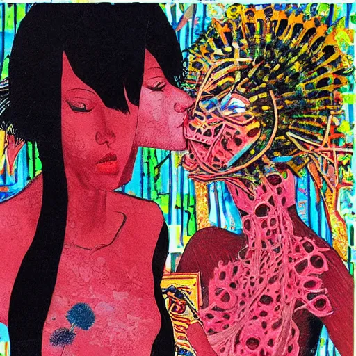 Prompt: beautiful painting of two bizarre psychedelic women kissing each other closeup in tokyo in springtime, speculative evolution, mixed media collage by basquiat and junji ito, magazine collage art, paper collage art, sapphic art, lesbian art