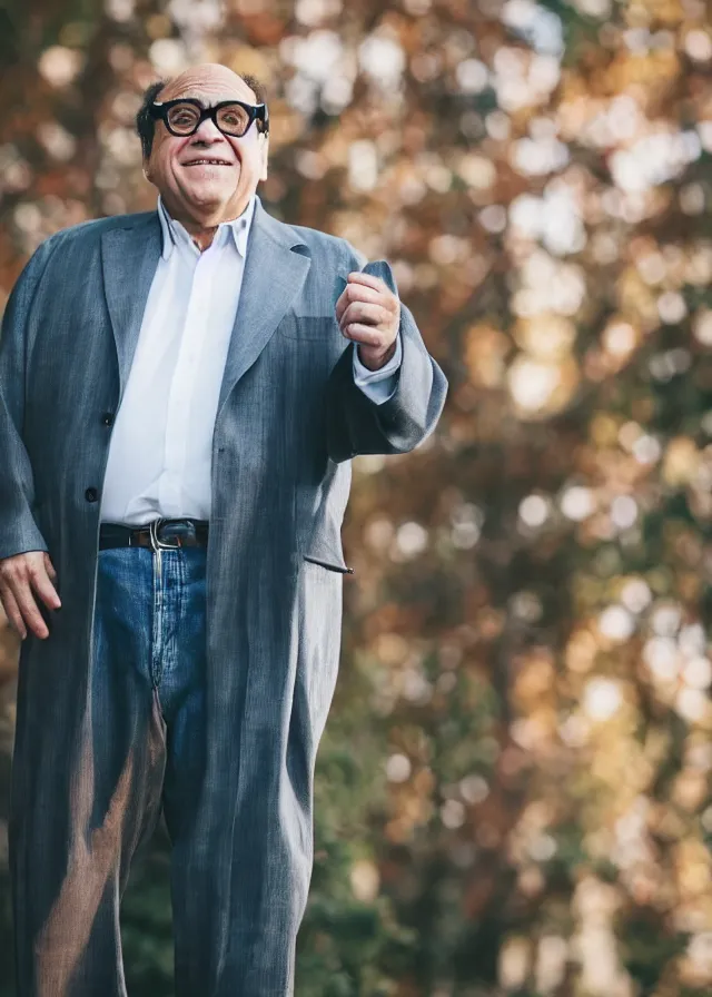 Prompt: photo of danny devito but he's really really tall, 8 5 mm f / 1. 8, bokeh, backlit