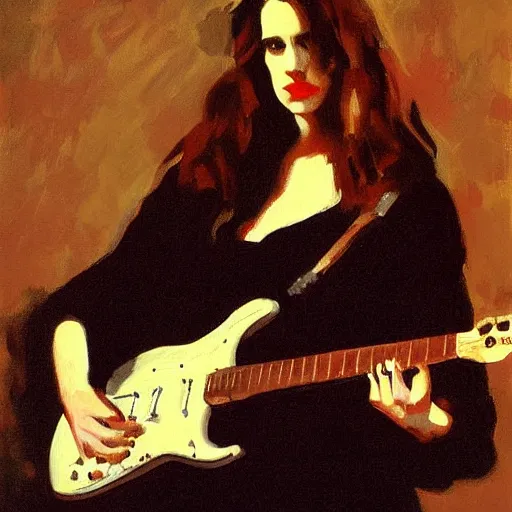 Image similar to Anna Calvi playing electric guitar, oil painting by John Singer Sargent