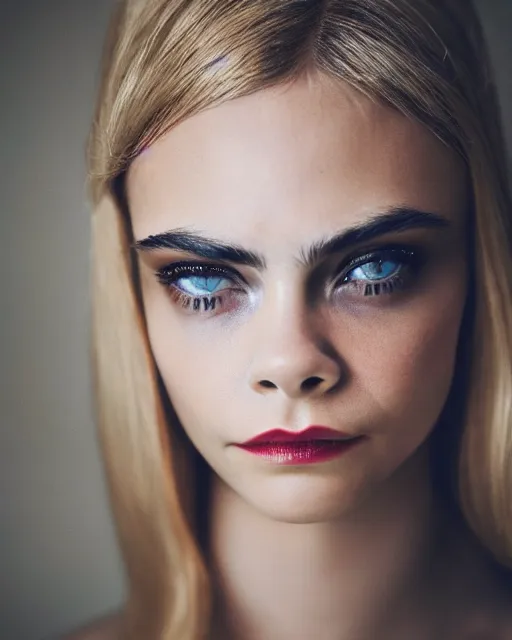 Prompt: high quality presentation photo of cara delevigne as a porcelain doll, photography 4k, f1.8 anamorphic, bokeh, 4k, Canon, Nikon