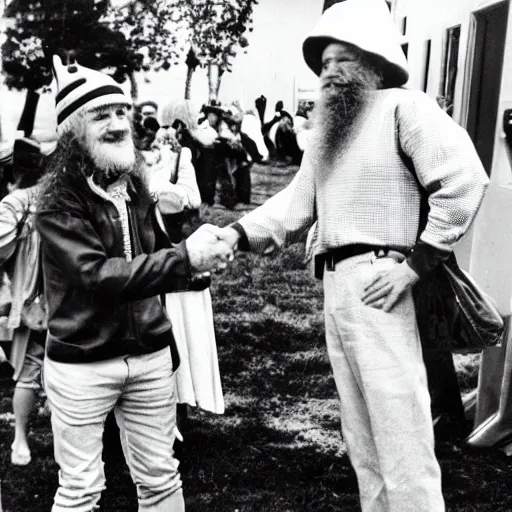 Image similar to daevid allen shaking hands with a real - life gnome